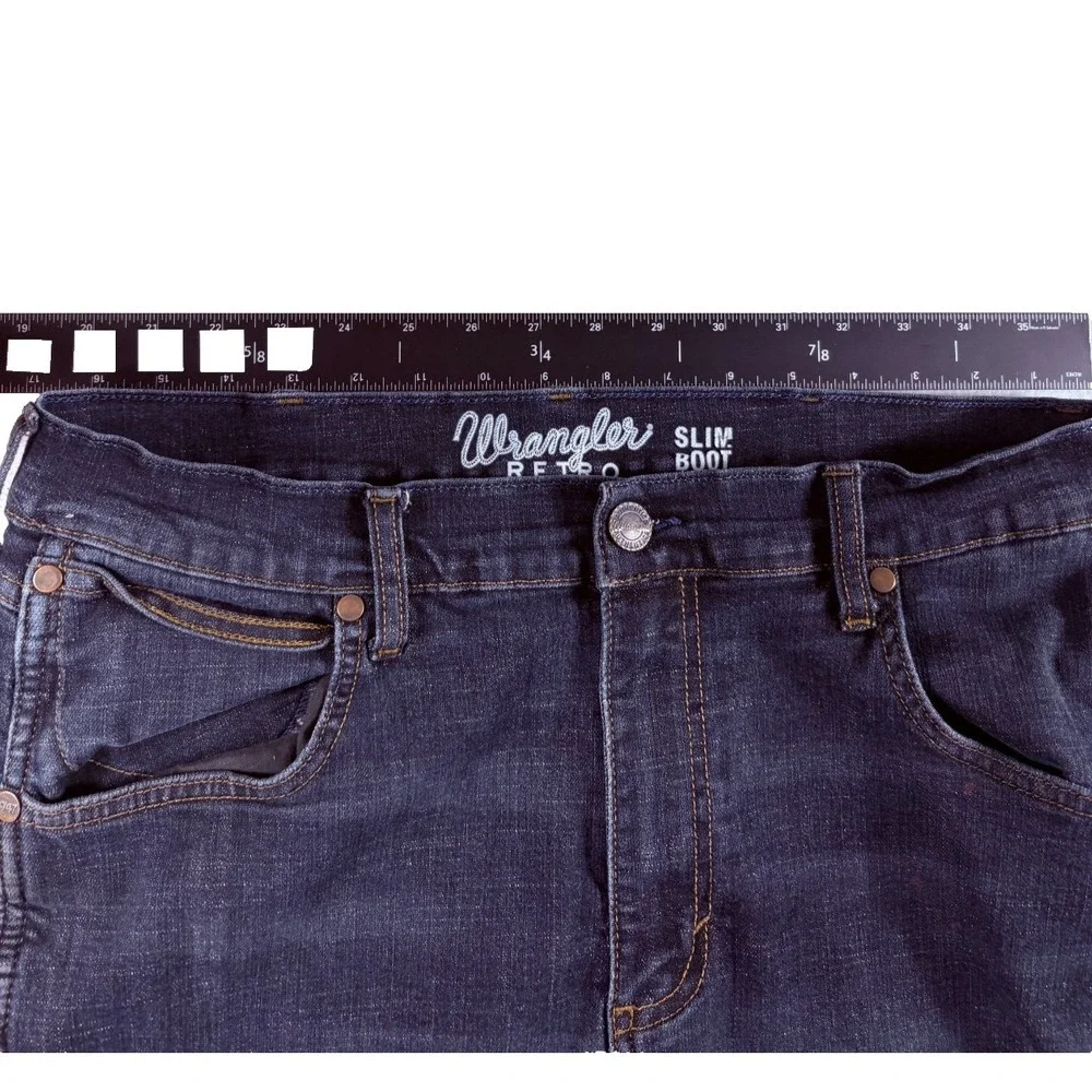Wrangler Retro Slim‎ Bootcut Jeans Mens 34x34.5 Blue Denim Stretch Everyday Wear